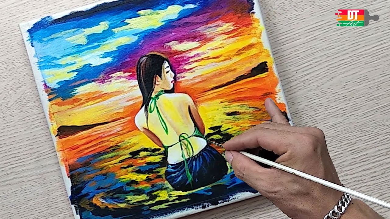 Vẽ tranh cô gái tắm biển hoàng hôn chất liệu acrylic