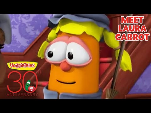 Laura Carrot from VeggieTales, shown with blond pigtails and a friendly expression, with the title 'Meet Laura Carrot' and VeggieTales 30th Anniversary logo in the corner.