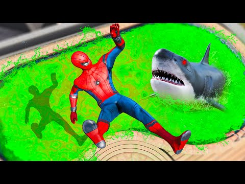 GTA 5 Spiderman Jumping into Toxic Pool Full of Sharks (Ragdolls/Euphoria Physics)