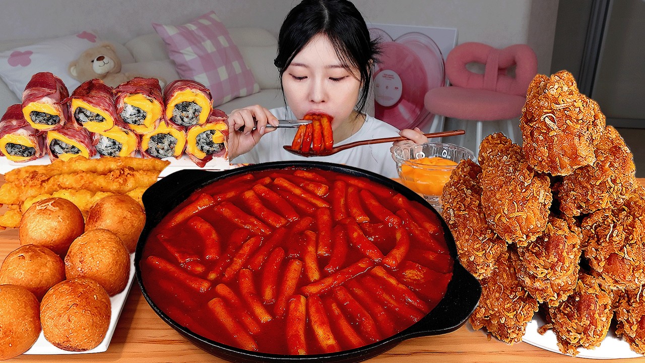 ASMR MUKBANG| 직접 만든 떡볶이 후라이드 치킨 주먹밥 치즈볼 오징어튀김 먹방 & 레시피 FRIED CHICKEN AND Tteokbokk