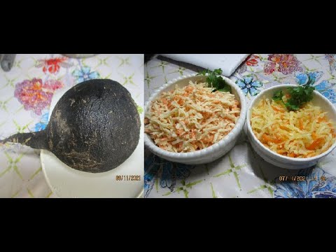 Schwarzer Winterrettich. Gesunde Ernährung aus eigenem Garten. Salat aus Rettich