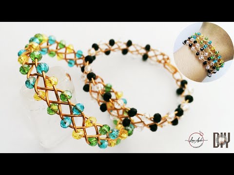 Braided copper Bracelet with small crystal beads - 4 strand celtic braided wire 399