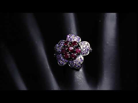 Серебряное кольцо с натуральными Рубинами и Cz "Рубиновый Цветок" 16р видео