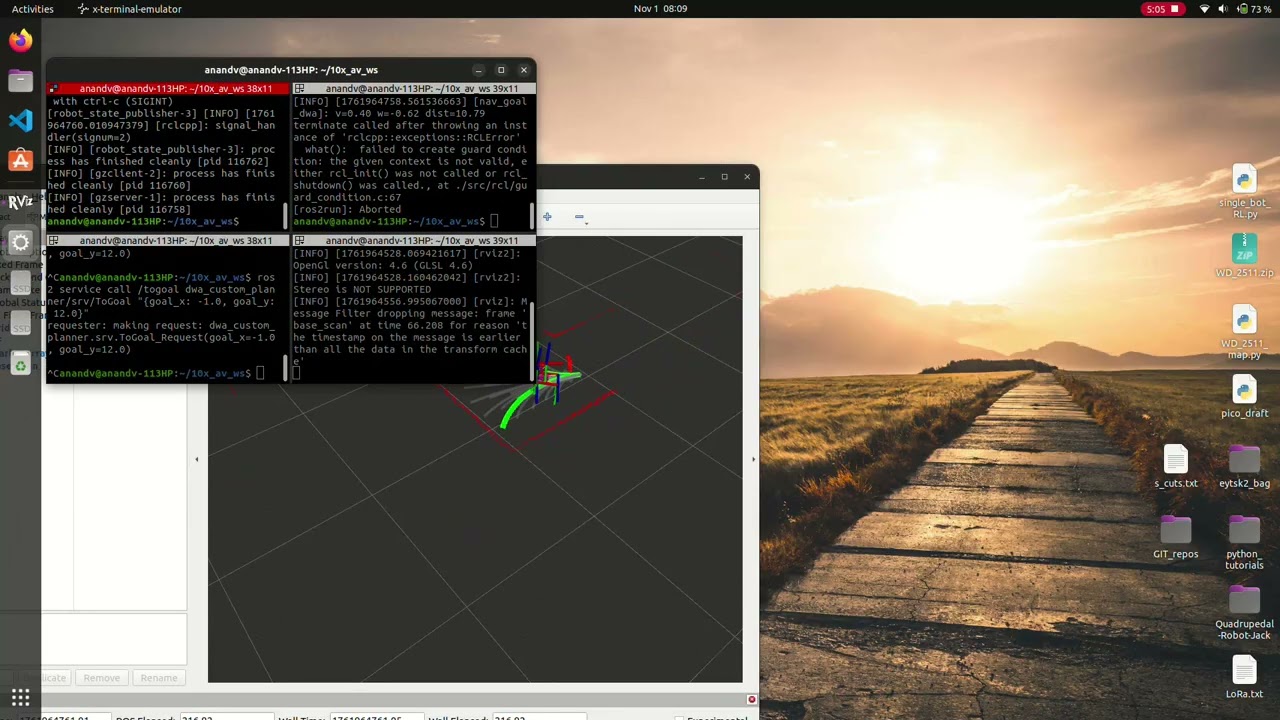 DWA rollouts and selected trajectory