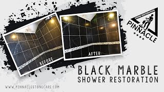 Black marble tile shower restoration - removing acidic cleaner damage, polishing and sealing
