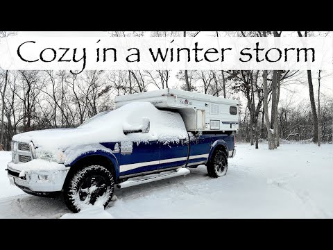 Off Grid solo overnight truck camping in winter storm