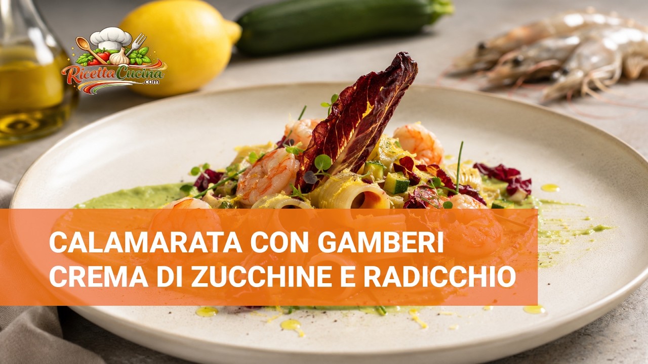 Anteprima video di Calamarata con Gamberi, Crema di Zucchine e Radicchio Rosolato