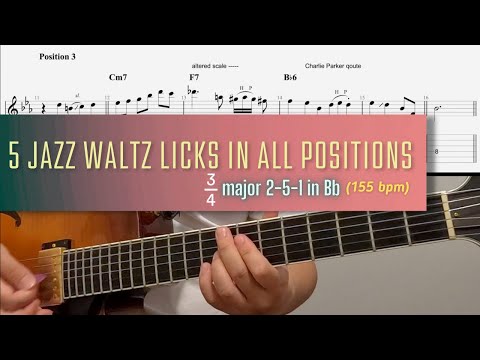5 jazz waltz licks in all positions, 2-5-1 in Bb major - Jazz exercise
