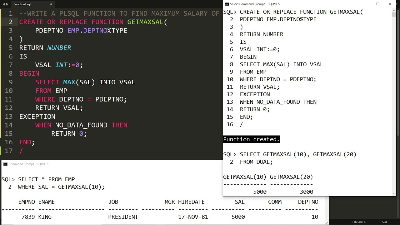 PLSQL User defined function to find maximum salary of employee based on given deptno (UDF Demo-4)