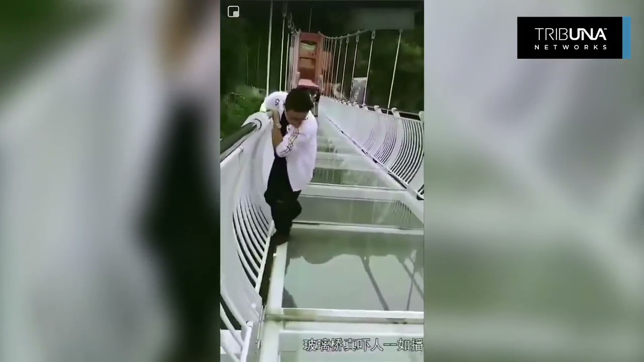 Se rompe puente de cristal y un turista quedó colgando