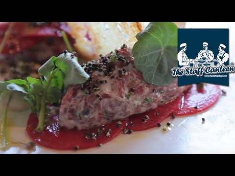 Bavette of Irish Beef tartar recipe with anchovy, salted leek buds, pickled red meat radish, quinoa