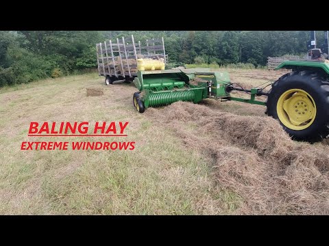 Square Baling Hay - Extreme Windrows - JD 5055D, 348 Baler & 42 Pan Kicker