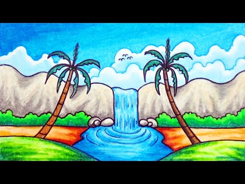 How to Draw Easy Scenery | Drawing Tropical Waterfall Scenery Step by Step with Oil Pastels