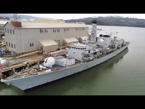 Camera drone video of HMS Sutherland alongside at South Yard, Devonport