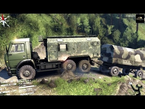 SPINTIRES 2014 - The Hill Map - Army Truck + Full Trailer Going Up Hill