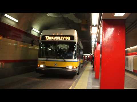 Boston trackless trolley in Harvard subway station