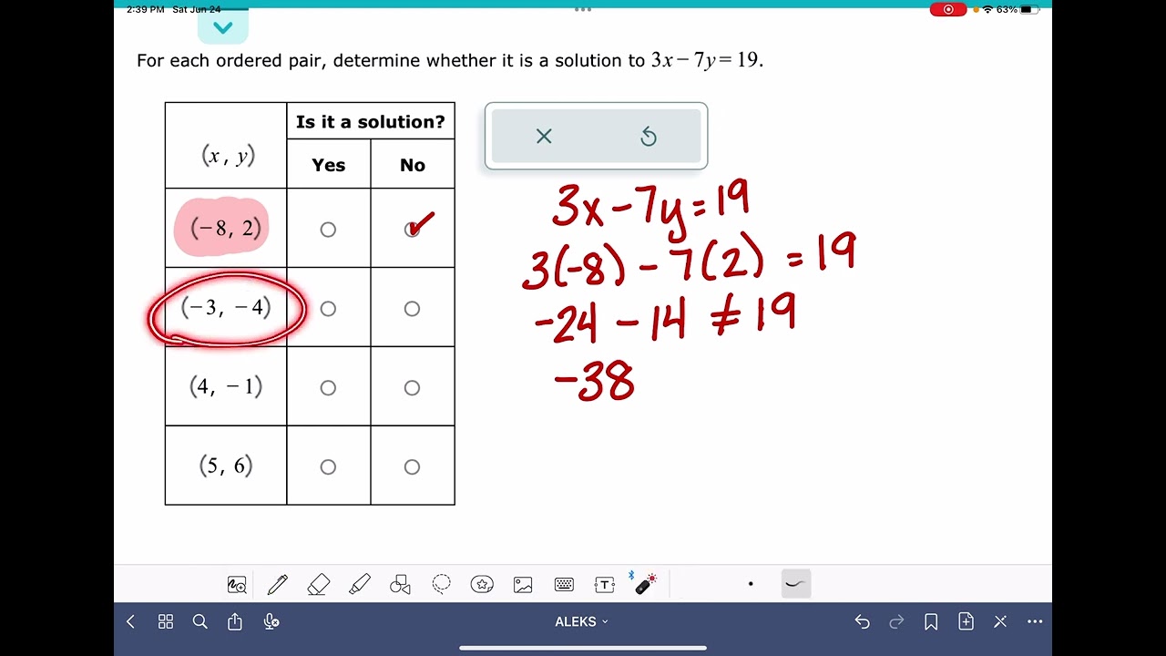 ALEKS: Identifying solutions to a linear equation in two variables