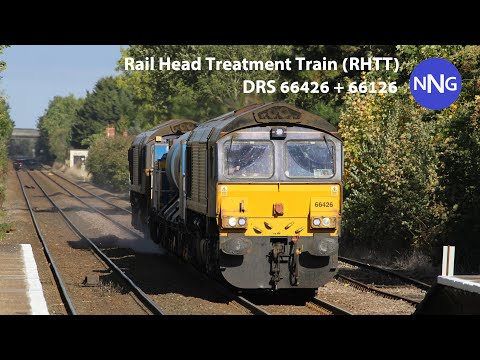 DRS Rail Head Treatment Train 3S01 (RHTT) - 66426 & 66126 - sprays past Wymondham Station 7/10/22