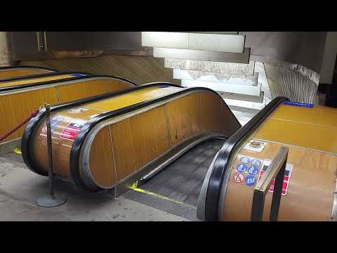 Soviet escalator at Želivského metro station (Prague), entrance from the bus stop