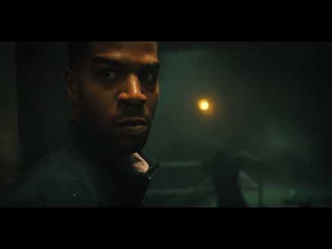 Trailer collage: wordless scream, target practice, neon warehouse, and drifting Mustang