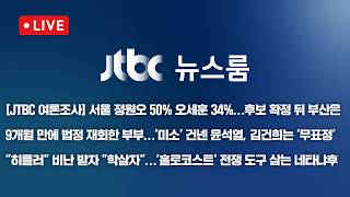 [LIVE/JTBC 뉴스] 뉴스룸 – [JTBC 여론조사] 정원오 50% 오세훈 34%…두자릿수 격차 / 9개월만에 법정 재회…윤석열 '미소' 김건희 '무표정' (26.4.14)