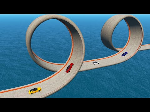 Impossible Double Loop Bridge Crossing Cars Vs Deep Water - BeamNG.Drive
