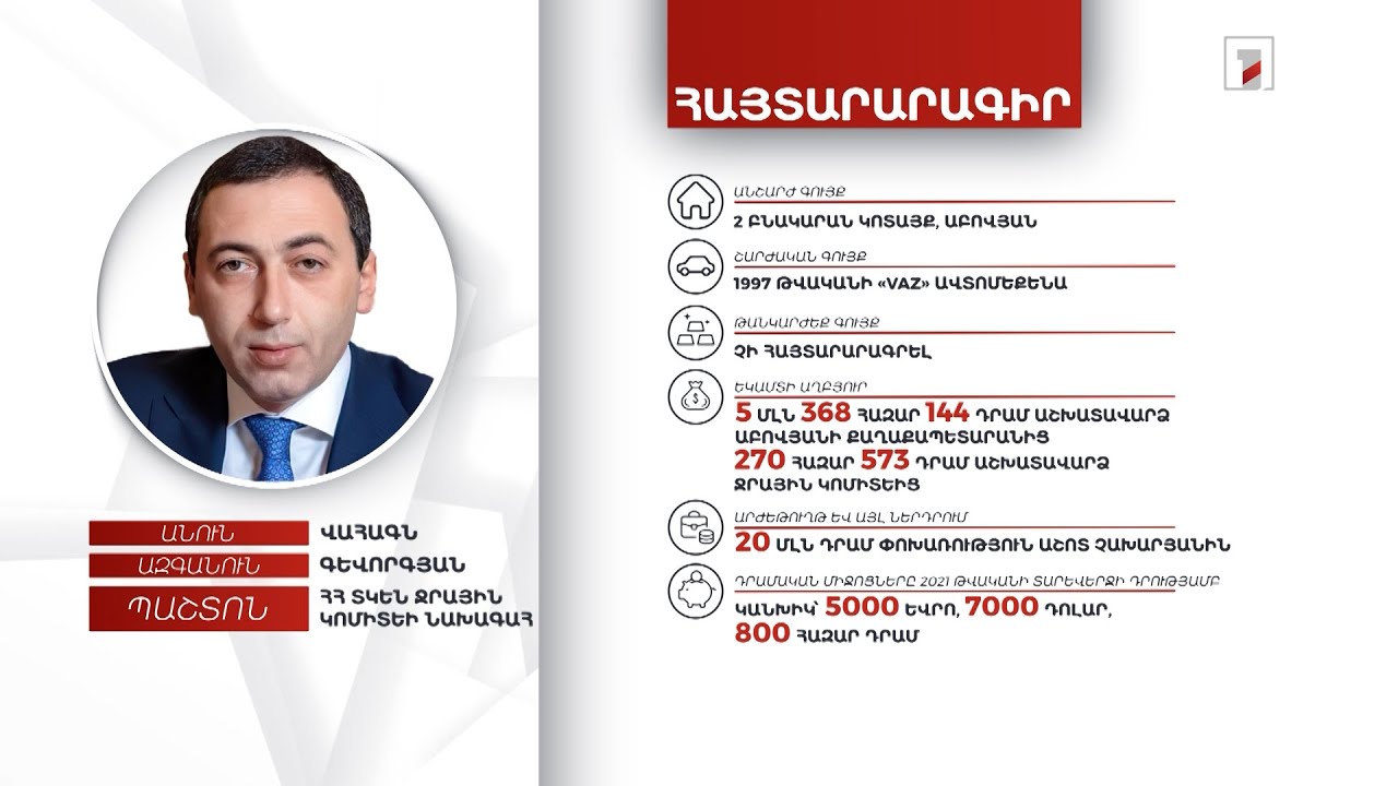 2 անշարժ գույք, ավտոմեքենա, 7000 դոլար. Ջրային կոմիտեի նախագահ Վահագն Գևորգյանի հայտարարագիրը