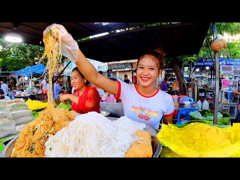 Most Famous Street Food Place! Cambodia Yellow Pancake, Spring Roll, Noodles, Meatballs, & More