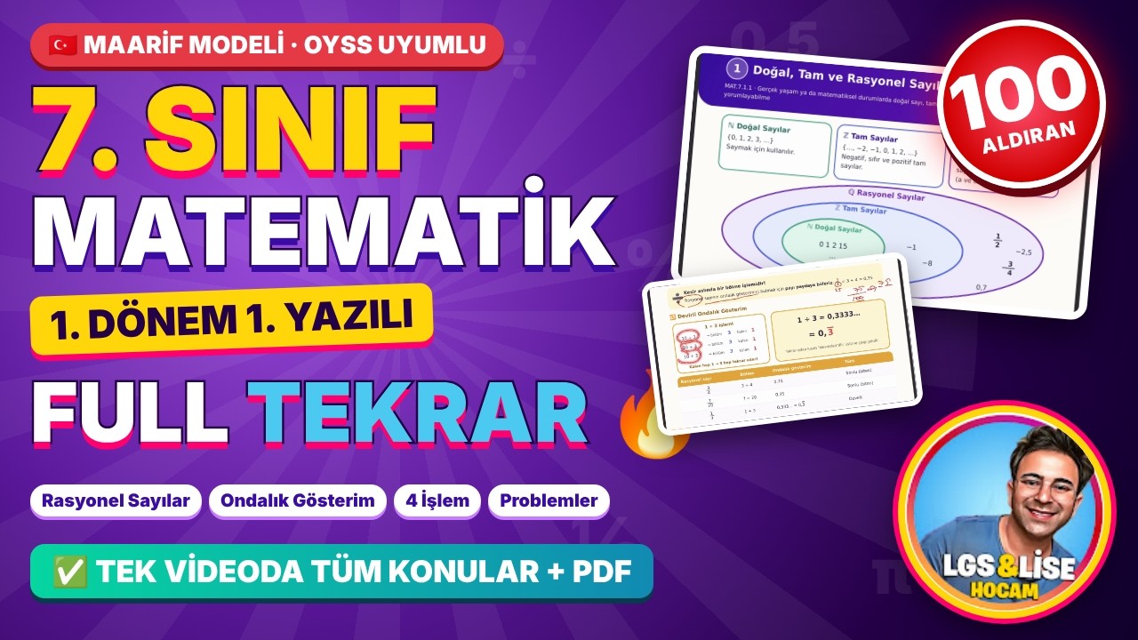 7.Sınıf Matematik 1.Dönem 1.Yazılı Maarif Model - OYSS Uyumlu 100 aldıran full tekrar 2026-2027