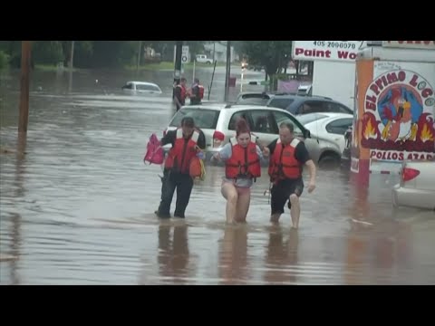 Heavy rains flooded streets and businesses, prompting high water rescues in Oklahoma City as 1.5 inches of rain fell during a 30-minute period Thursday. (June 6)
