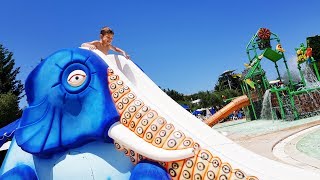 Kids playing in water park with elephant dolphins 