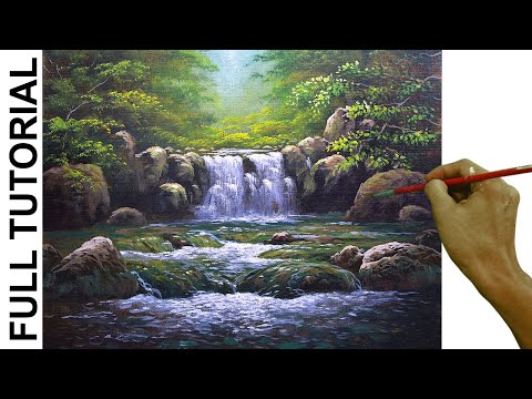 Acrylic Landscape Painting TUTORIAL / Waterfalls and Rushing River in the Forest / JMLisondra