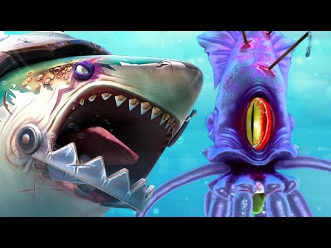 Hungry Shark World - Veteran Great White Shark vs COLOSSAL SQUID BOSS - All Sharks Unlocked
