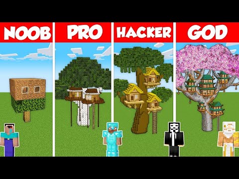 HOUSE INSIDE TREE HOUSE BUILD CHALLENGE - Minecraft Battle: NOOB vs PRO vs HACKER vs GOD / Animation