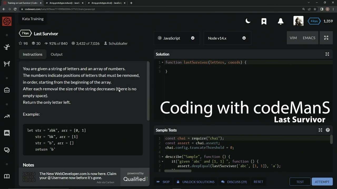 Codewars 7 kyu Last Survivor Javascript
