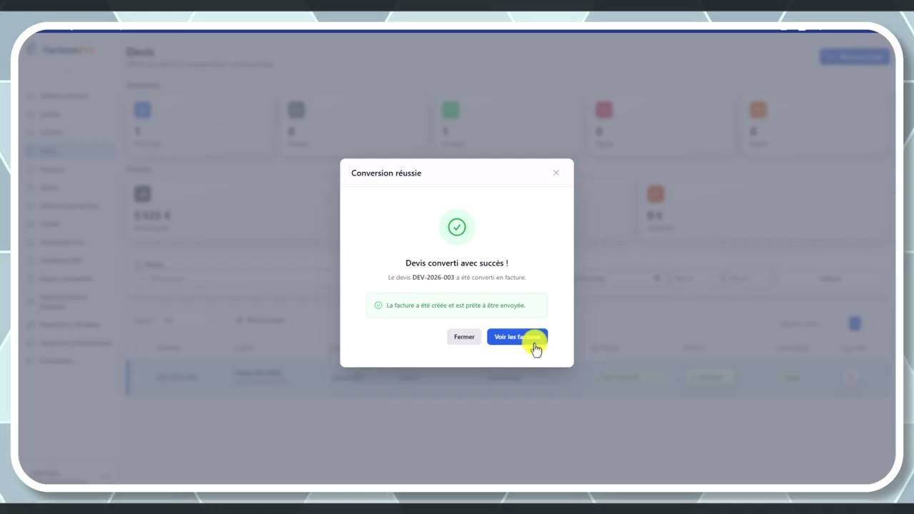 Tutoriel vidéo : Conversion devis en facture (détail) — Formation FacturesPro