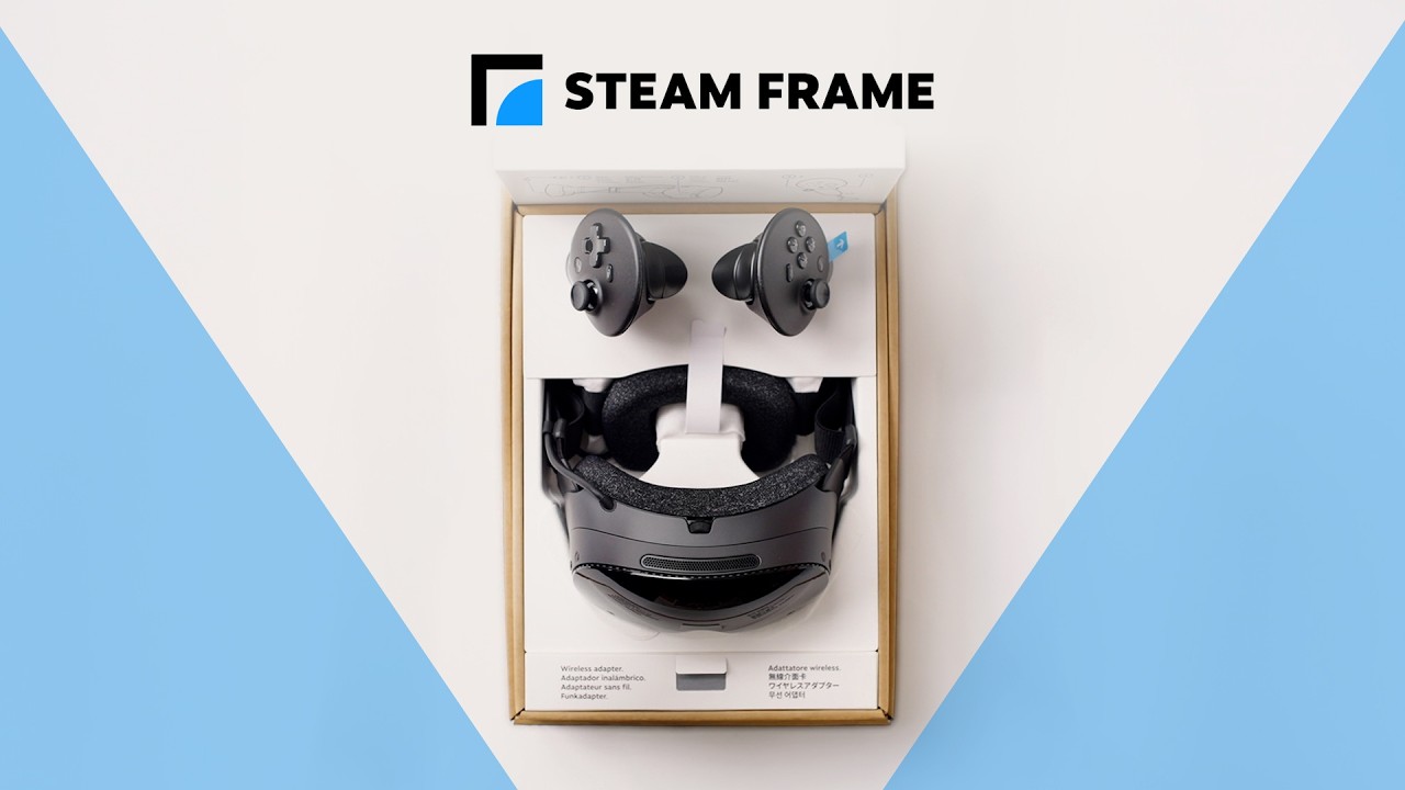 An open Steam Frame box viewed from above, showing the two controllers, the headset and the wireless adapter in their packaging