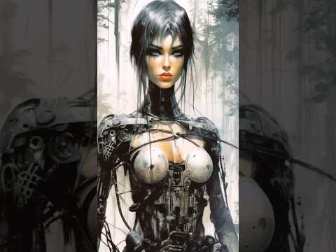Cyborg femenino en el bosque: cuando el metal se convierte en musgo