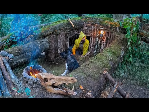 7 Days SOLO SURVIVAL CAMPING in RAIN STORM - Building Warm Bushcraft Shelters