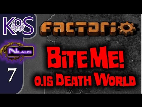 Factorio 0.15 Bite Me! Ep 7: FIRST DEATH! OH NO!!! - Death World COOP MP Gameplay, Let's Play