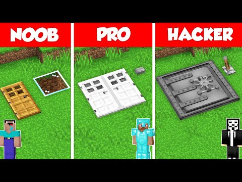 SECRET DOOR BUNKER BASE HOUSE BUILD CHALLENGE - NOOB vs PRO vs HACKER / Minecraft Battle Animation