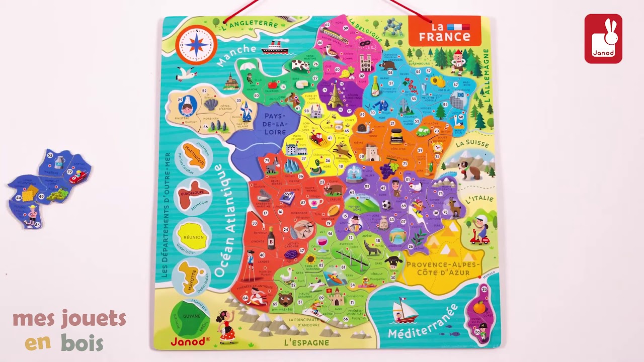 Puzzle magnétique 93 pièces en bois pour enfant - La France (nouvelles régions 2016)