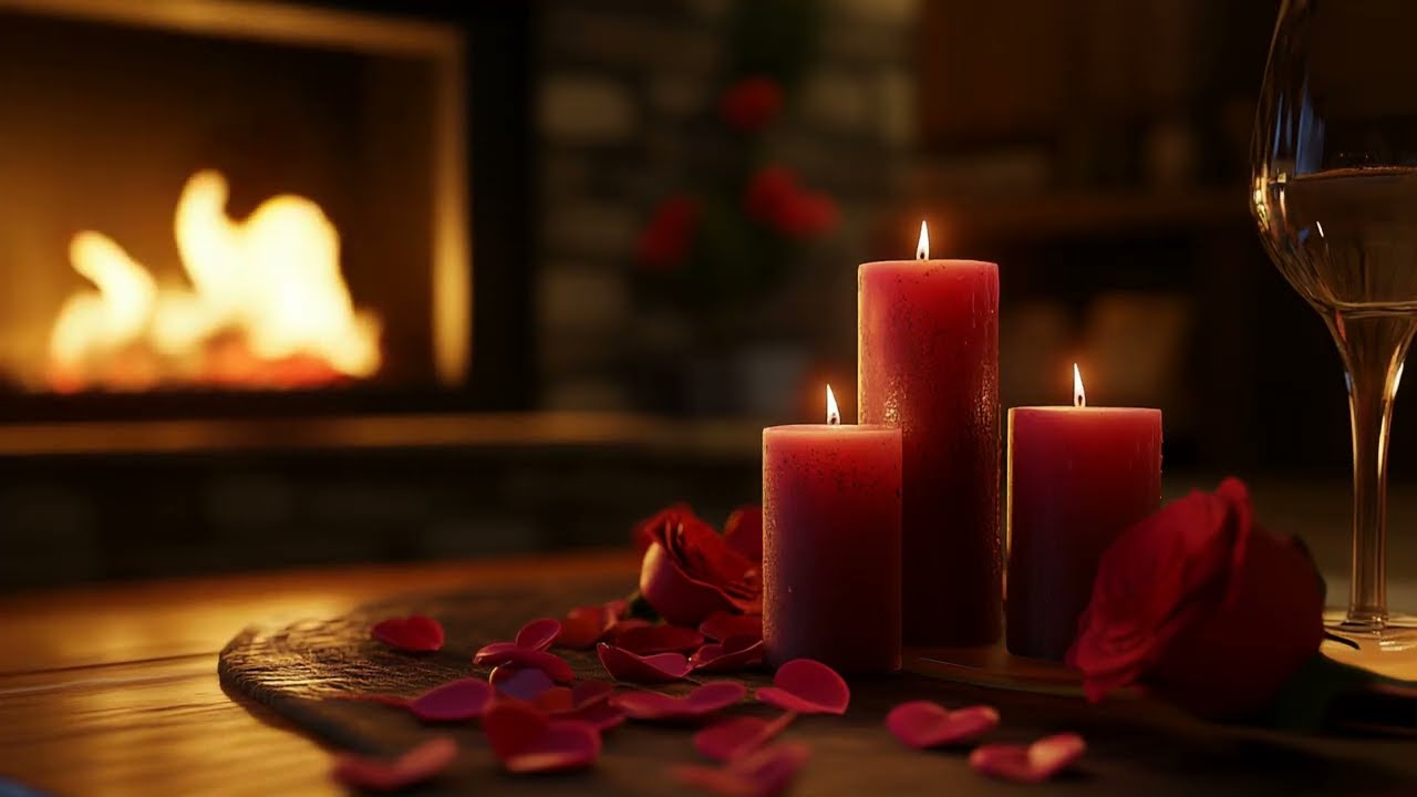 Romantic Fireplace with Candles & Roses 🌹🕯️🔥 | 10 Hours of Cozy Crackling Fire Sounds