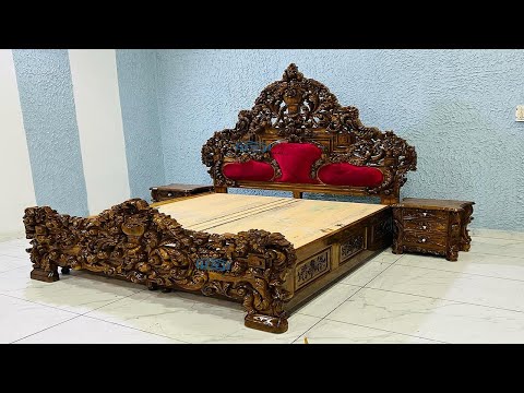 Brown teak wood royal king size wooden carved bedroom set, f...