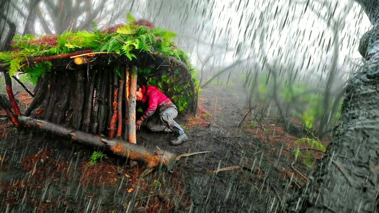 Camping alone building my survival shelter. Bushcraft. Camping in the rain