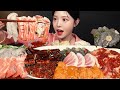 Salmon Sashimi Tuna Soy Marinated Shrimp Seafood Mukbang ASMR