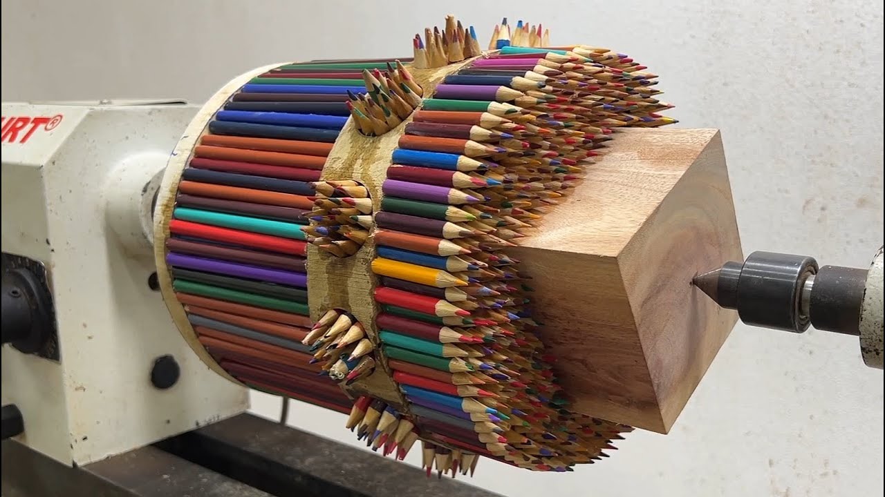 Amazing Woodturning Crazy - A Perfectly Blended Design Of Wood And Colored Pencil On Lathe