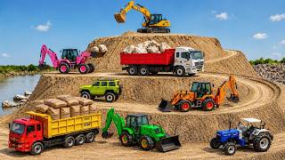 2 TATA Dumper Heavy Loading Car JCB 5CX Trucks Transporting Rocks Highway Crane | Jcb 3DX Cartoon