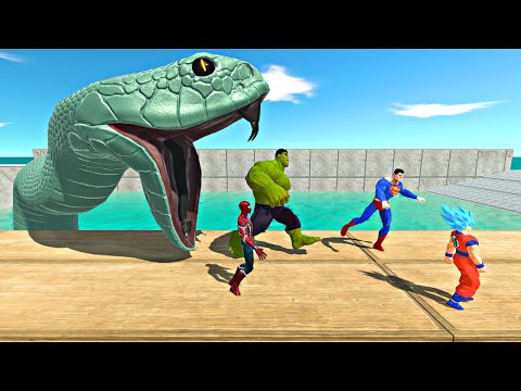 Superheroes Falling Into Black Mamba Tank - Animal Revolt Battle Simulator