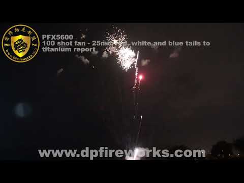 1.4G PRO FIREWORKS: PFX5600 100 shot fan 25mm red white and blue tails to titanium report 30 seconds